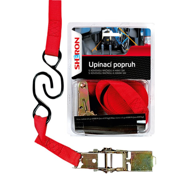 Upínací popruh - SHERON_6500N/5m_červený + račňa + háky