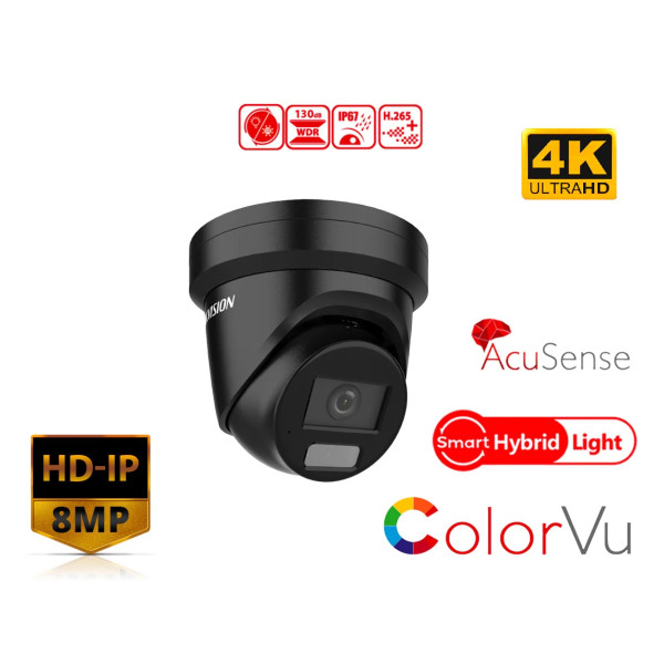 CCTV Kamera IP HYBRID DOME_8MPx_2,8mm/109°_0,0008Lux_IR/LED-40m_IP67_POE_WDR130_SD-512GB_Mikrofón_ČIERNA - DS-2CD2387G2H-LIU