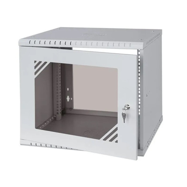 RACK 19" - Skriňa 9U_520x450x450mm_nástenná skladaná_zamykateľná_sivá RAL7035_sklo