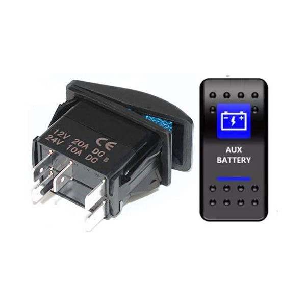 Prepínač kolískový 37x21mm 12V 20A modré podsvietenie AUX BATTERY
