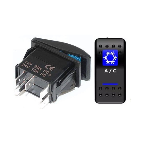 Prepínač kolískový 37x21mm 12V 20A modré podsvietenie KLIMATIZÁCIA A/C