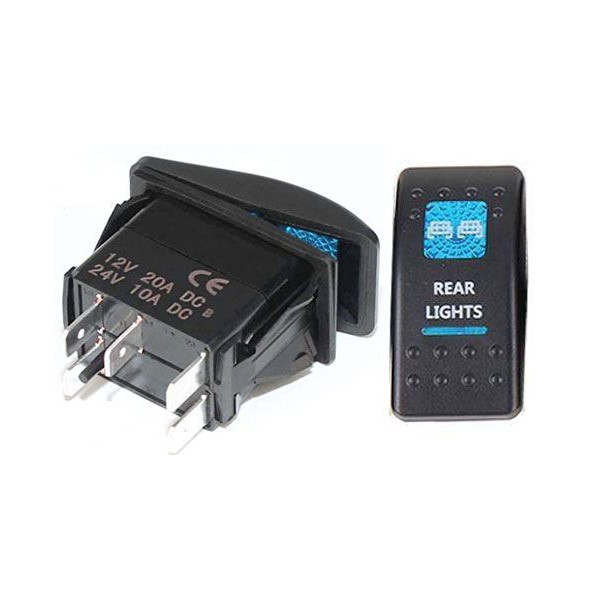 Prepínač kolískový 37x21mm 12V 20A modré podsvietenie REAR LIGHTS