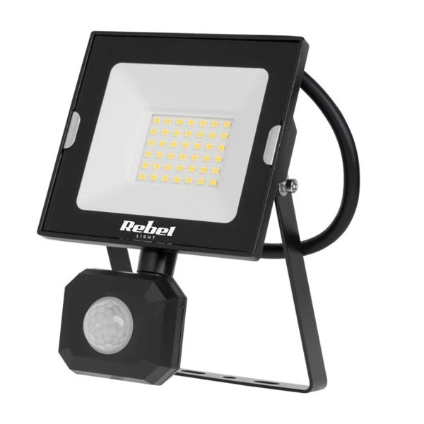 Svietidlo reflektor LED/PIR 50W_BIELA denná_4000K_120°_4250lm_IP44_150x140x33mm_čierny - REBEL URZ3617