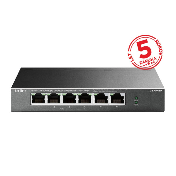 SWITCH POE 6x 10/100Mbps + 4x Uplink_Max. 67W do 250m - TP-LINK TL-SF1006P