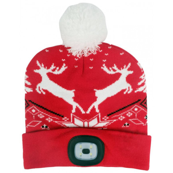 Čiapka so svetlom LED - USB nabíjanie_X-mas HO-HO_Červená so sobmi_63x50mm