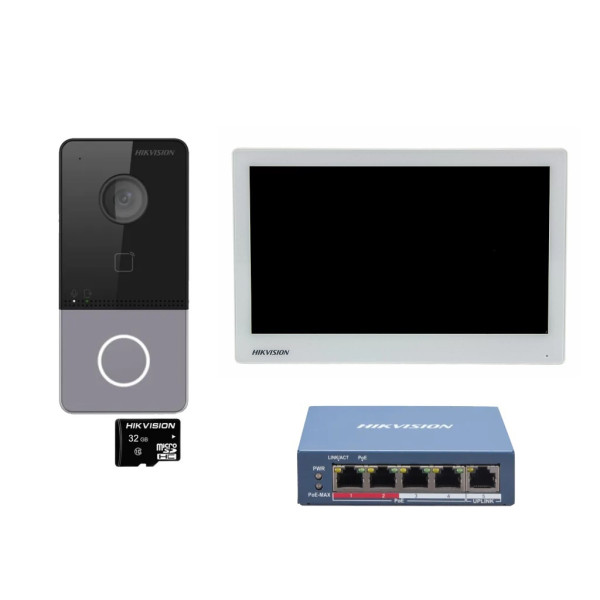 VRÁTNIK - HIKVISION IP_SET (Monitor 7"+Dverná jednotku+5 portový PoE Switch+TF karta 32GB - DS-KIS607-S