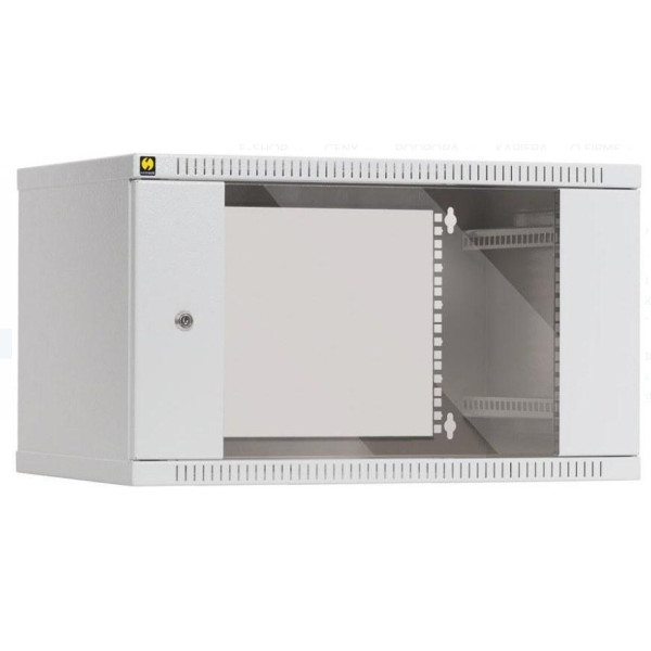 RACK 19" - Skriňa 6U_520x450x450mm_nástenná skladaná_zamykateľná_sivá RAL7035_sklo