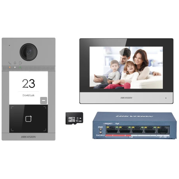 VRÁTNIK - HIKVISION IP_SET (Monitor 7"+ Dverová stanica x1, vnútorná stanica x1, napájací zdroj × 1, 4-port switch PoE+TF karta 