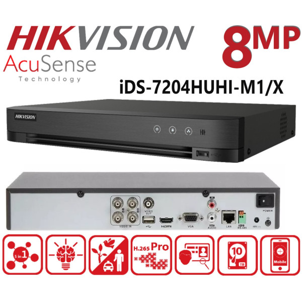 CCTV zariadenie 5v1 pre 4 kamery Analóg do 8MPx + 2/4x IP do 8MPx- HIKVISION iDS-7204HUHI-M1/X/4A_8MPx_H.265+_1xHDD do 10TB