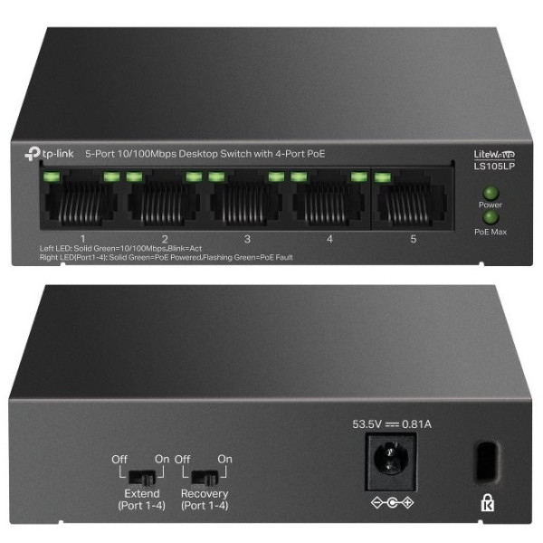 SWITCH POE 4x 10/100Mbps + 1x Uplink 100Mbps Max. 41W/15,4W do 100/250m - TP-LINK LS105LP