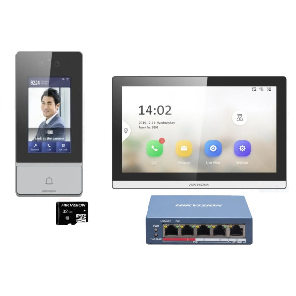 VRÁTNIK - HIKVISION IP_SET (Monitor 7"+ Dverová stanica+TF karta 32GB + Switch POE - DS-KIS902-S IP sada DS-KV9503-WBE1, DS-KH63