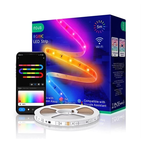 LED pásik 5m_RGB+IC_150 LED_18W_10mm_BIELY podklad_WiFi_Android/iOS - NOUS F4 (vodotesný)