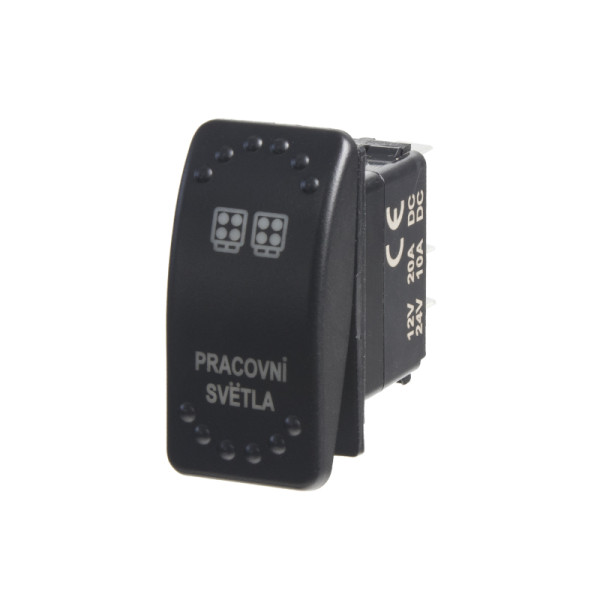 Prepínač kolískový 37x21mm 12/24V 20/10A červené podsvietenie PRACOVNÉ SVETLÁ