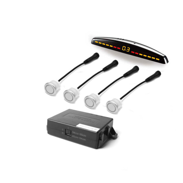 Parkovacie snímače 4-senzorové PREDNÉ/ZADNÉ_STRIEBORNÉ_Akustické/LED_12-24V_Antihook_18,8mm_2,3m - PTS411M7 SILVER