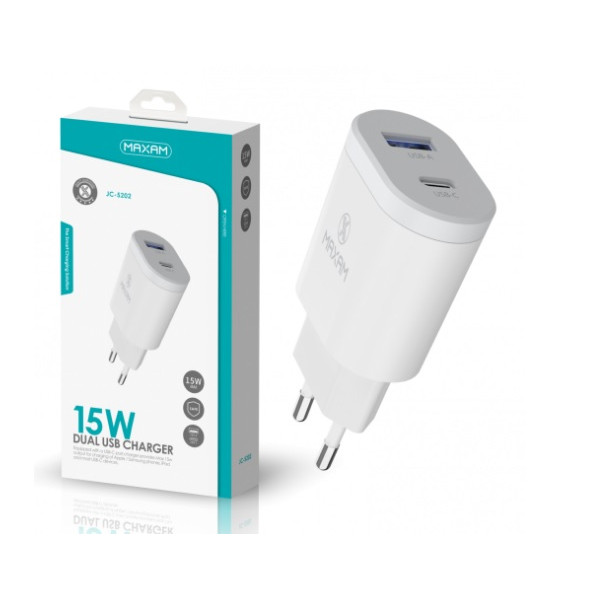 Sieťová nabíjačka - 230V_1xUSB + 1xUSB-C_5V_2.4A/3.0A_15W_Quick Charge_čierna - MAXAM JC-5202