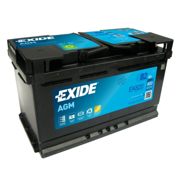 Autobatéria 12V/82Ah_800A_Polarita:ETN0_B13_Pól 1_D:315mmxŠ:175mmxV:190mm_ŠTART-STOP-EXIDE AGM EK820