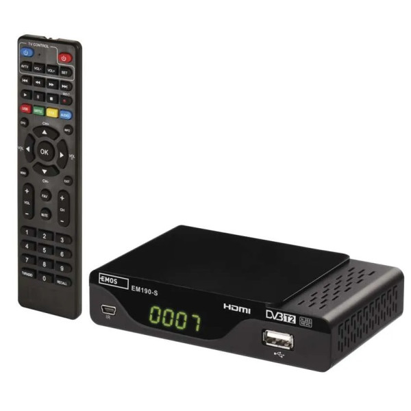 DVB-T2 prijímač HD - EMOS EM190-S HD, H.265/HEVC,1xtuner/1xHDMI/1xLAN/1xUSB/1xSCART/1xCOAX/RF/PVR