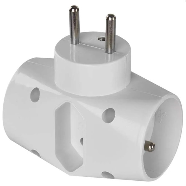 Zásuvka 230V rozbočovacia 2x OKRÚHLA_10A + 1x PLOCHÁ_2,5A_Max.3680W_BIELA