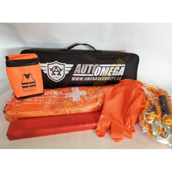 Taška povinnej výbavy AUTOOMEGA čierna (SET-Lekárnička, lano, trojuholník, vesta, rukavice_48x18x12cm)