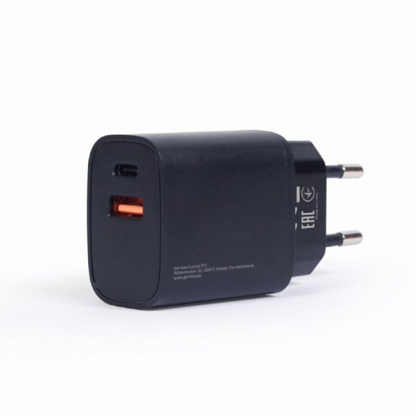 Sieťová nabíjačka - 230V_1xUSB + 1xUSB-C_5V_3.0A_20W_Quick Charge_ČIERNA - GEMBIRD