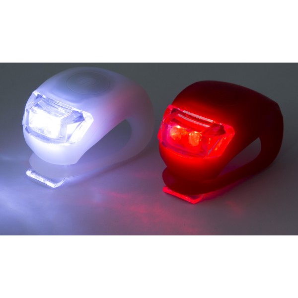 Svetlo na bicykel SET predné BIELE + zadné ČERVENÉ_LED_3 režimy_Silikónové púzdro s remienkom_2x CR2032