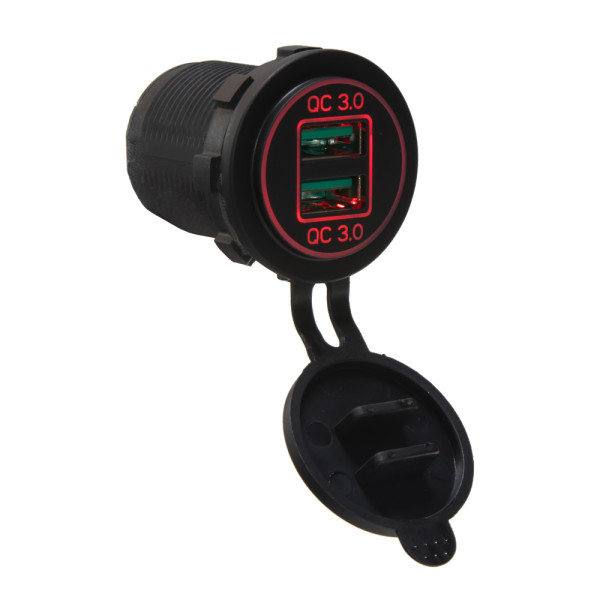 2x USB nabíječka voděodolná do panelu, QC3.0, červená