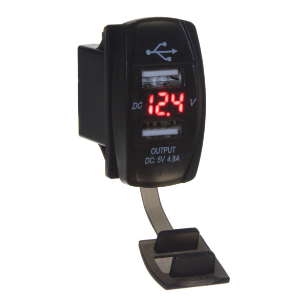 2x USB zásuvka "Rocker" s voltmetrem, cervena
